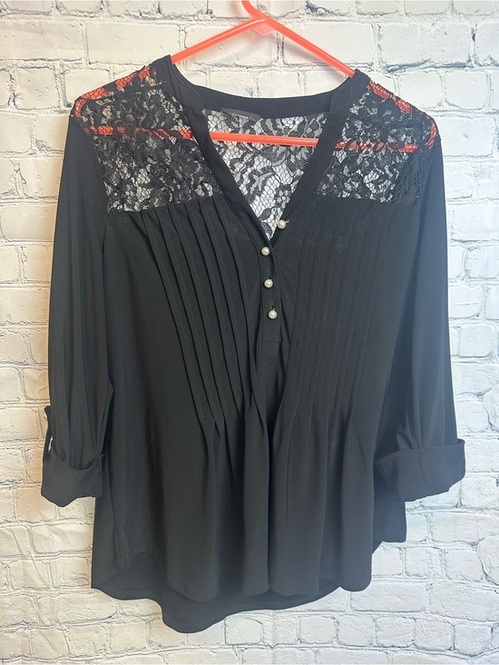 Cocomo Tops - Cocomo Black Lace Yoke Pintuck Blouse with Pearl Buttons